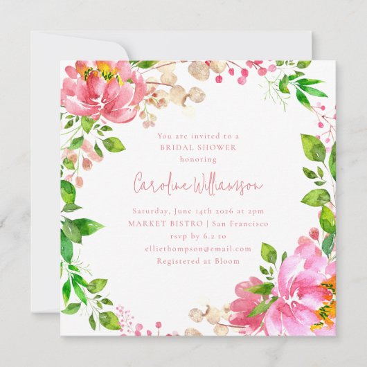 Rosa Blume Kranz Rustikales Brautparty Einladung (Vorderseite)