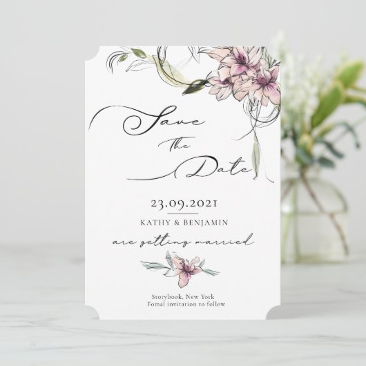Rosa Blume Lilies Wedding Save the Date Card (Stehend Vorderseite)