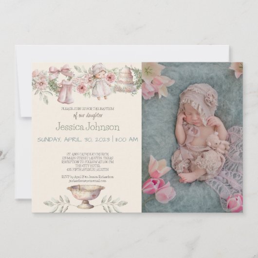 Rosa Blume Mädchen Taufe Einladung (Vorderseite)