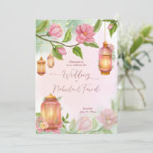 Rosa Blume Marokkanische Laternen Islamische Hochz Einladung (Stehend Vorderseite)