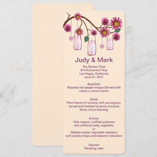 Rosa Blume Mason Jars Menükarte (Vorne/Hinten)