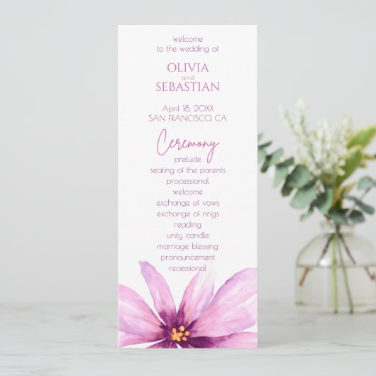 Rosa Blume Minimalistische Hochzeit Programm (Stehend Vorderseite)