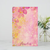 Rosa Blume mit Bokeh-Glitzern und malerischen Spri Briefpapier (Stehend Vorderseite)