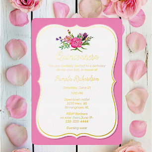 Rosa Blume mit Foil Quinceañera Foil Folieneinladung