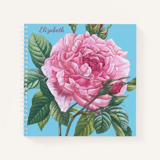 Rosa Blume mit grünem Blätter Monogramm Notizblock (Vorderseite)