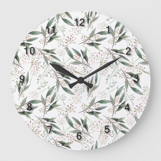 Rosa Blume mit grünem Blattgummi Große Wanduhr (Vorderseite)