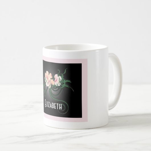 Rosa Blume mit grünem Swirt Personalisiert Kaffeetasse (VorderseiteRechts)