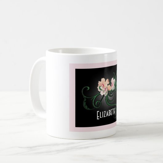 Rosa Blume mit grünem Swirt Personalisiert Kaffeetasse (Vorderseite Links)