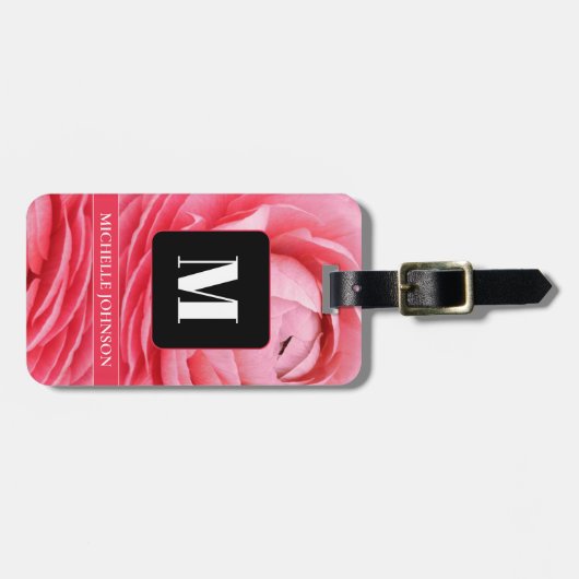 Rosa Blume mit Monogramm Gepäckanhänger (Vorderseite horizontal)