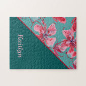Rosa Blume Mit Monogramm Grün Ombre Gradient Puzzle (Horizontal)