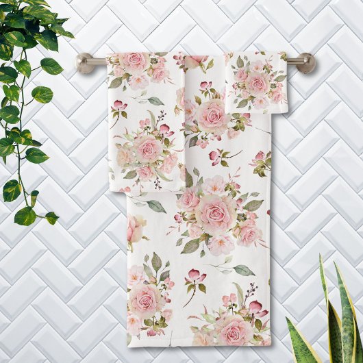 Rosa Blume mit rosa Wasserfarbe Muster Badhandtuch Set