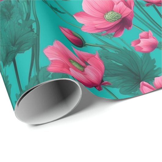 Rosa Blume mit türkisfarbenem Hintergrund Geschenkpapier (Rolleneckpunkt)