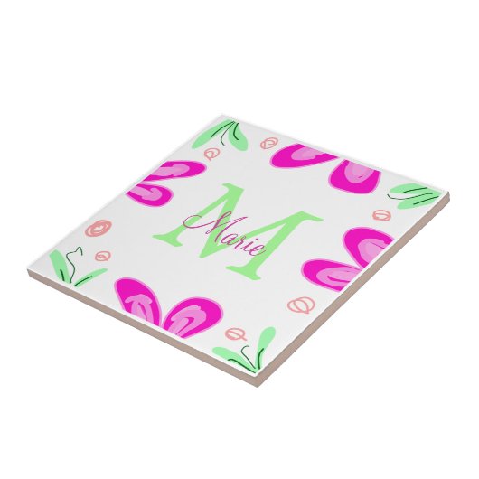 Rosa Blume Monogramm mit dem Buchstaben Grün Fliese (Seite)