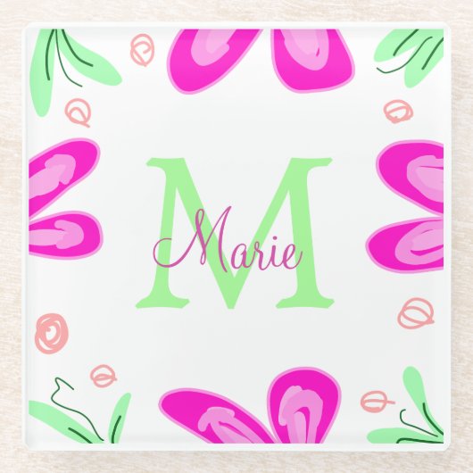Rosa Blume Monogramm mit dem Buchstaben Grün Glasuntersetzer (Vorderseite)