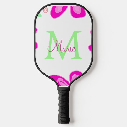 Rosa Blume Monogramm mit dem Buchstaben Grün Pickleball Schläger (Vorderseite)