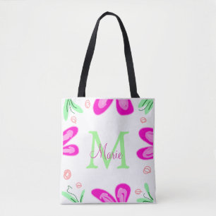 Rosa Blume Monogramm mit dem Buchstaben Grün Tasche