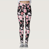 Rosa Blume-Muster über Schwarz Leggings (Vorderseite)