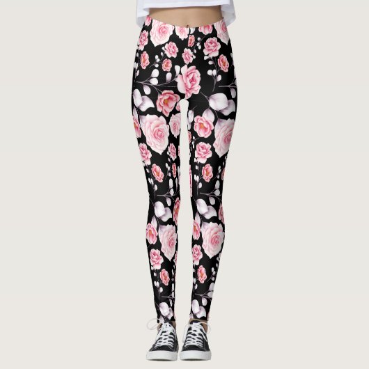 Rosa Blume-Muster über Schwarz Leggings (Vorderseite)