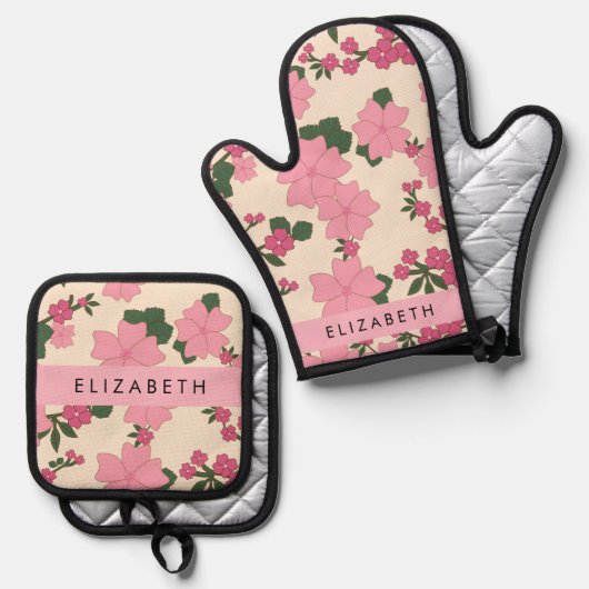Rosa Blume, Muster von Blume, Ihr Name Ofenhandschuh & Topflappen-Set (Vorderseite/Rückseite)