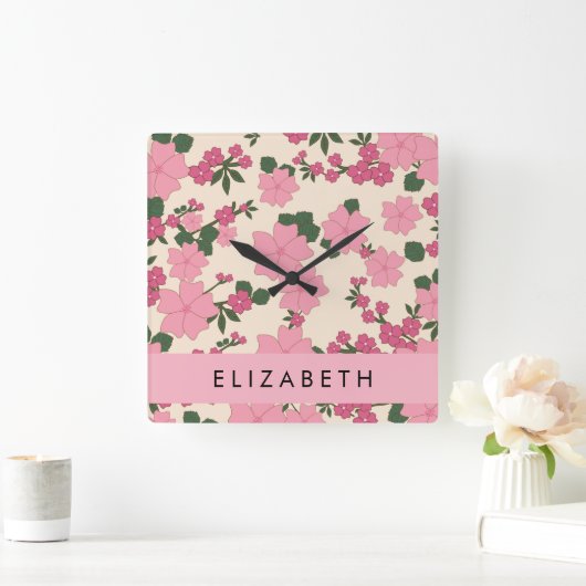 Rosa Blume, Muster von Blume, Ihr Name Quadratische Wanduhr (Zuhause)