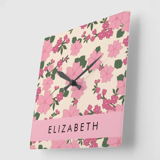 Rosa Blume, Muster von Blume, Ihr Name Quadratische Wanduhr (Winkel)