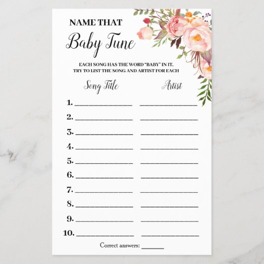 Rosa Blume Nennen Sie die Baby Tune Shower Game Ca Flyer (Vorne)