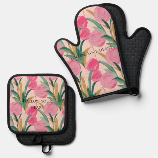 Rosa Blume Ofenhandschuh & Topflappen-Set (Vorderseite/Rückseite)