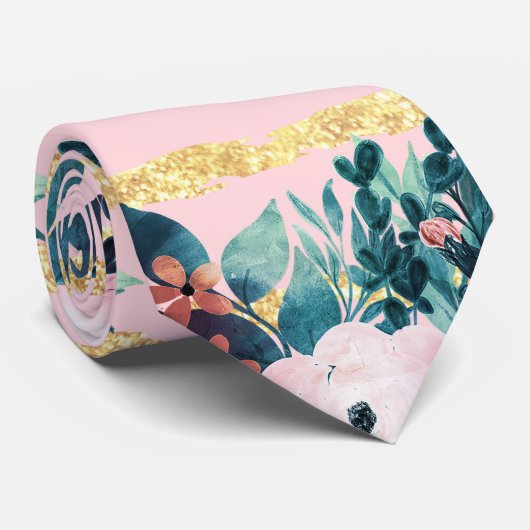 Rosa Blume Paint Gold Streifen Girl Design Krawatte (Gerollt)