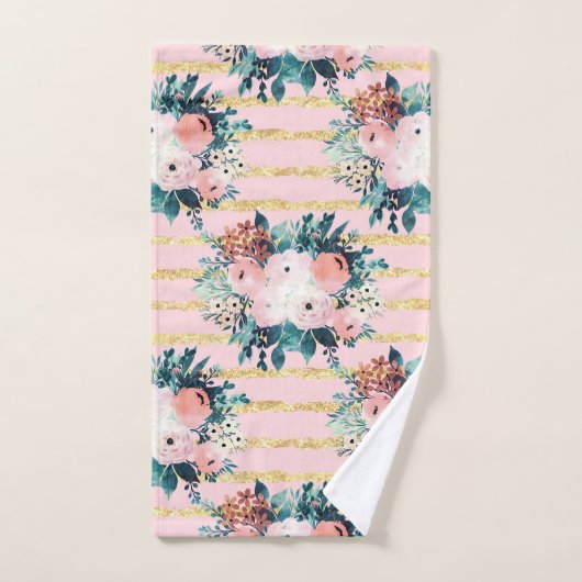 Rosa Blume Paint Gold Streifen Girls Design Badhandtuch Set (Handtuch)