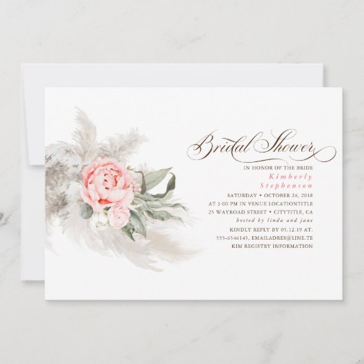 Rosa Blume Pampas Grass Elegantes Brautparty Einladung (Vorderseite)