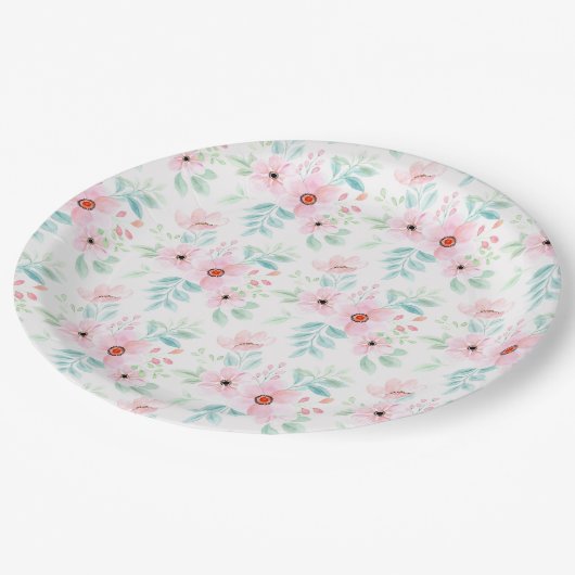 Rosa Blume Papierplatte Pappteller (Schrägansicht)