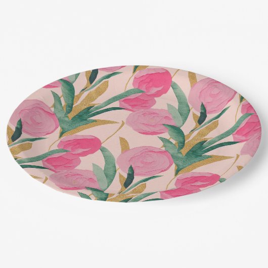 Rosa Blume Pappteller (Schrägansicht)