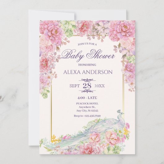 Rosa Blume Peacock Kinderdusche Einladung (Vorderseite)