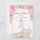 Rosa Blume Pfau Brautparty Einladung (Vorderseite)