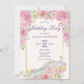 Rosa Blume Pfau Geburtstag Einladung (Vorderseite)