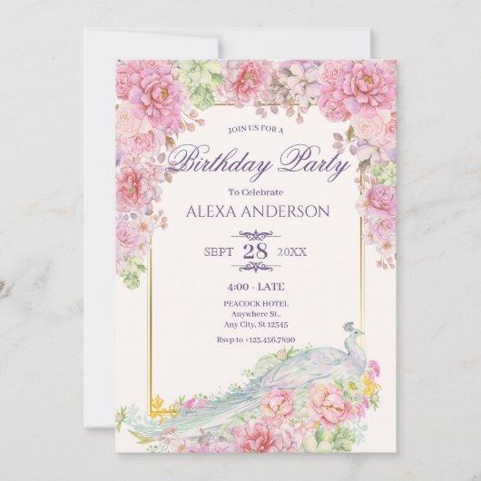 Rosa Blume Pfau Geburtstag Einladung (Vorderseite)