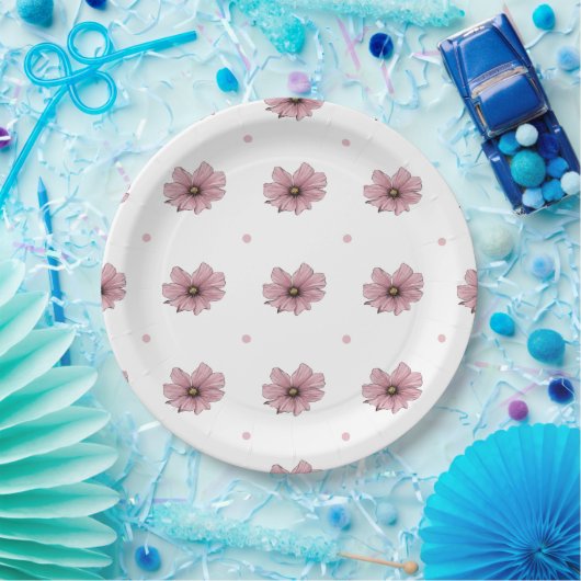 Rosa Blume-Polka-Punkte Pappteller (Party)