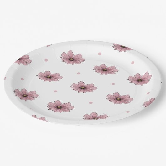Rosa Blume-Polka-Punkte Pappteller (Schrägansicht)
