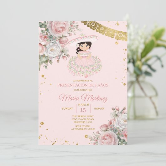 Rosa Blume Presentación De Tres Años Niedlich Girl Einladung (Stehend Vorderseite)
