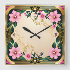 Rosa Blume Quadratische Wanduhr