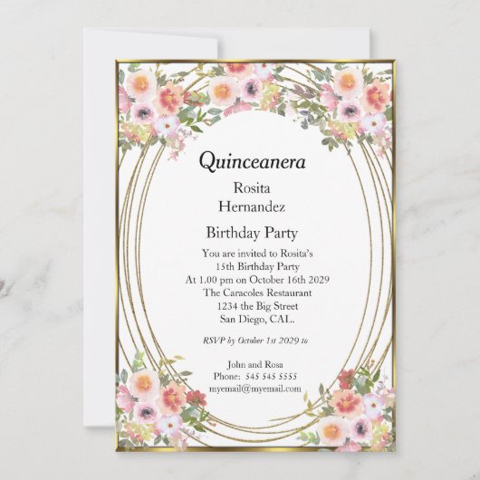 Rosa Blume Quinceanera Geburtstagsparty Einladung (Vorderseite)