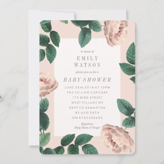 Rosa Blume Rahmen Kinderdusche Einladung (Vorderseite)