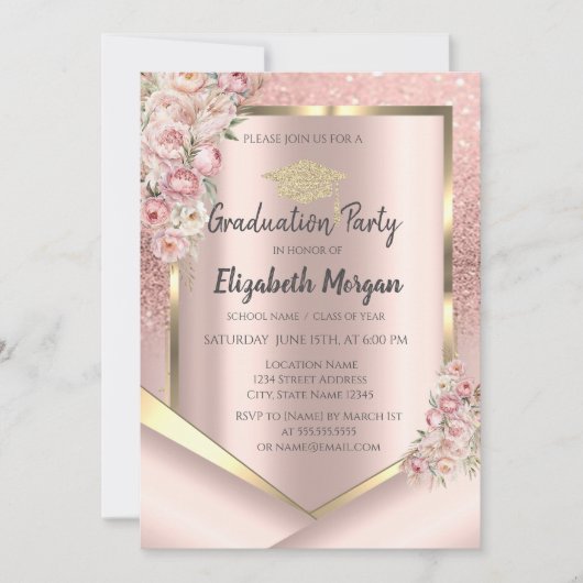 Rosa Blume Rahmen Rose Gold Glitzer Abschluss Einladung (Vorderseite)