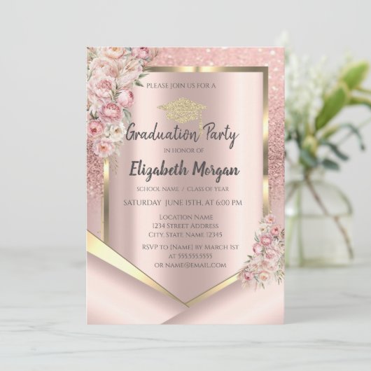 Rosa Blume Rahmen Rose Gold Glitzer Abschluss Einladung (Stehend Vorderseite)