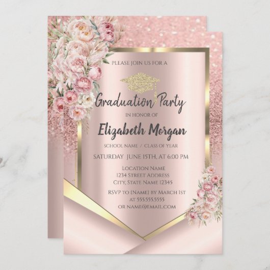 Rosa Blume Rahmen Rose Gold Glitzer Abschluss Einladung (Vorne/Hinten)