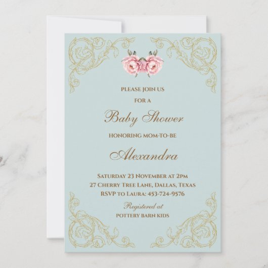 Rosa Blume Rokoko Vintag Blumendusche Einladung (Vorderseite)