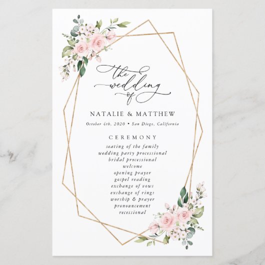 Rosa Blume, rosa Blume, Boho, Hochzeitsprogramm (Vorderseite)
