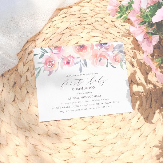 Rosa Blume Rosa Elegant Erstkommunion Einladungspostkarte