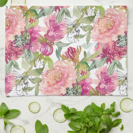 Rosa Blume Rosa Farbe Grün Blätter Geschirrtuch (Gefaltet)