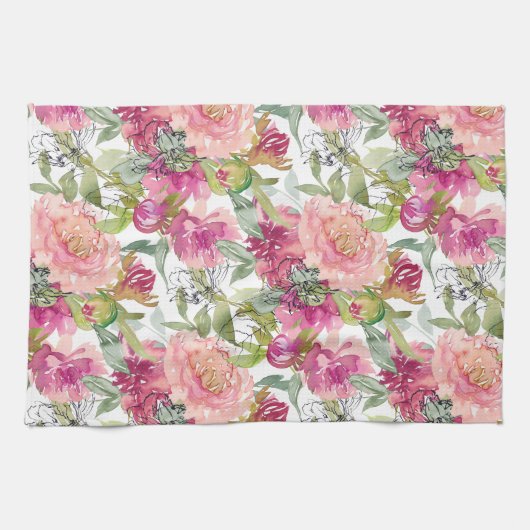 Rosa Blume Rosa Farbe Grün Blätter Geschirrtuch (Horizontal)